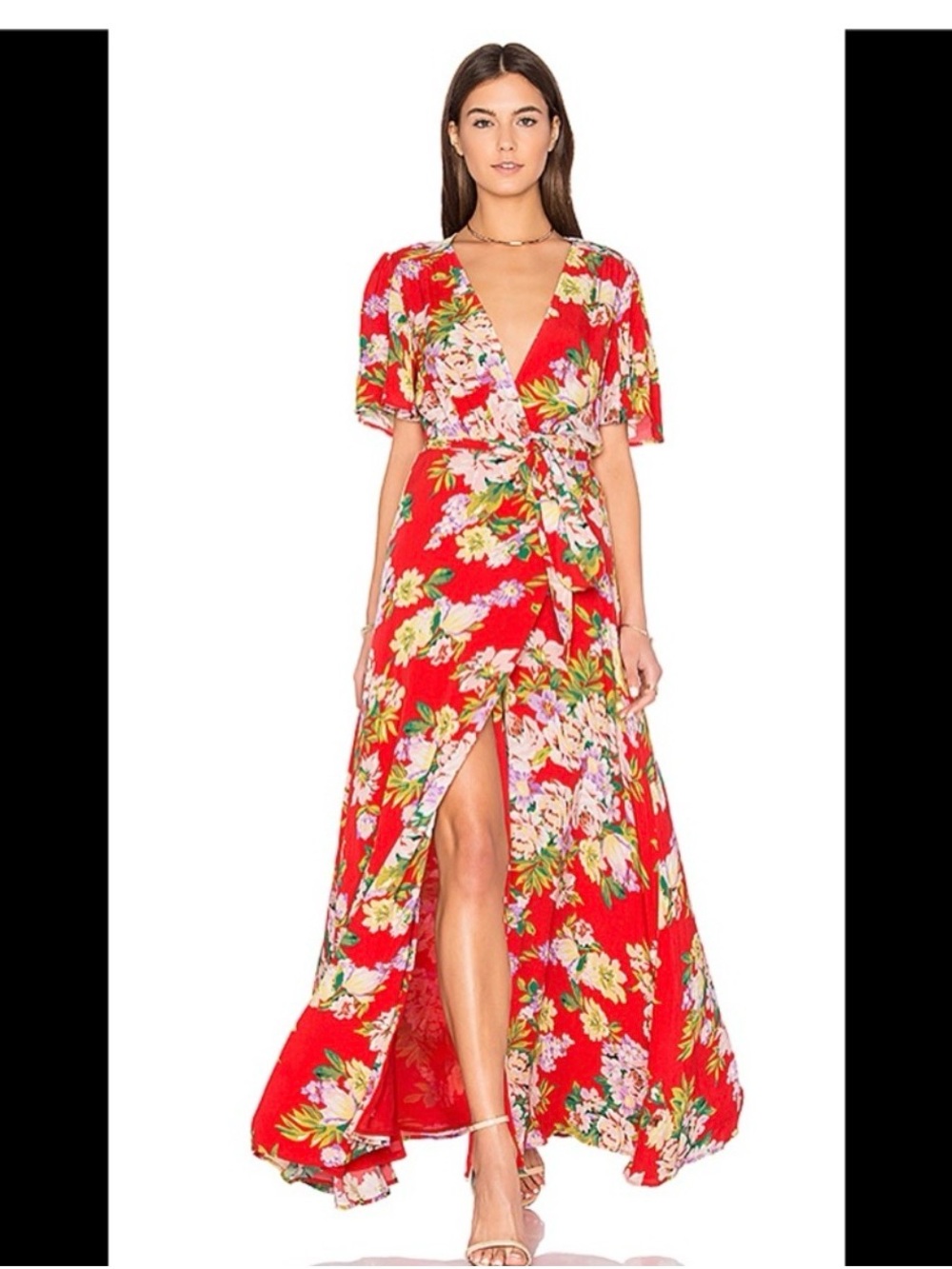 Privacy Please Red Floral Wrap Maxi Dress with Tie Waist, NWT, XS